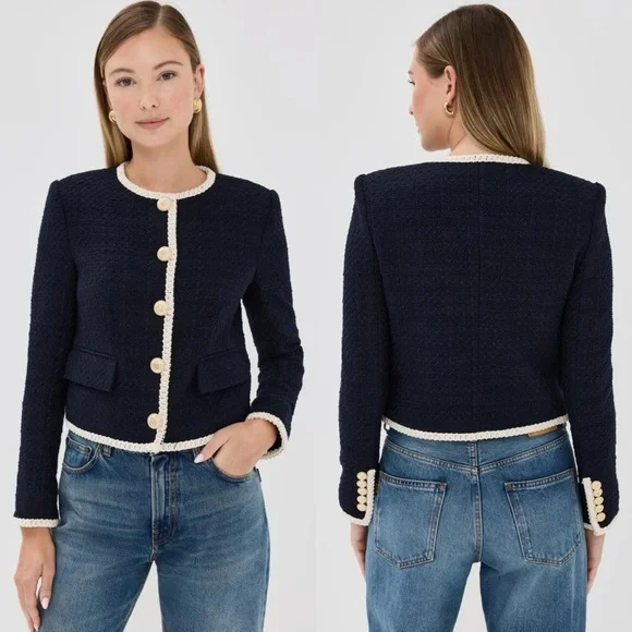 Veronica Beard Mabel Tweed Jacket Blazer Navy Ivory Trim Size 12 - Picture 12 of 16